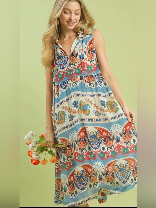 Umgee Dresses & Skirts - Boho Sleeveless Maxi Dress in Blue, Coral and Yellow